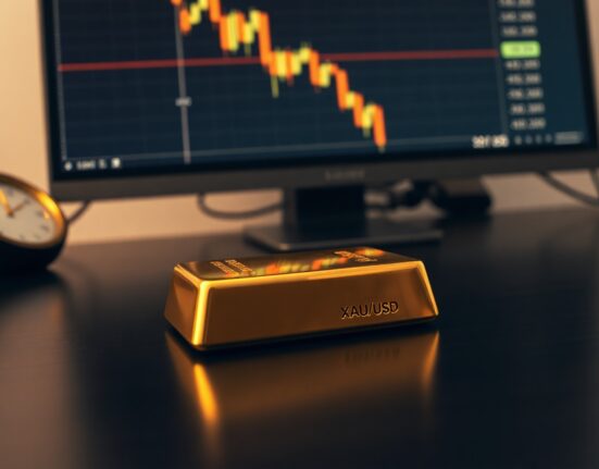 Gold bar on wooden surface with blurred financial chart in background representing XAU/USD price forecast.