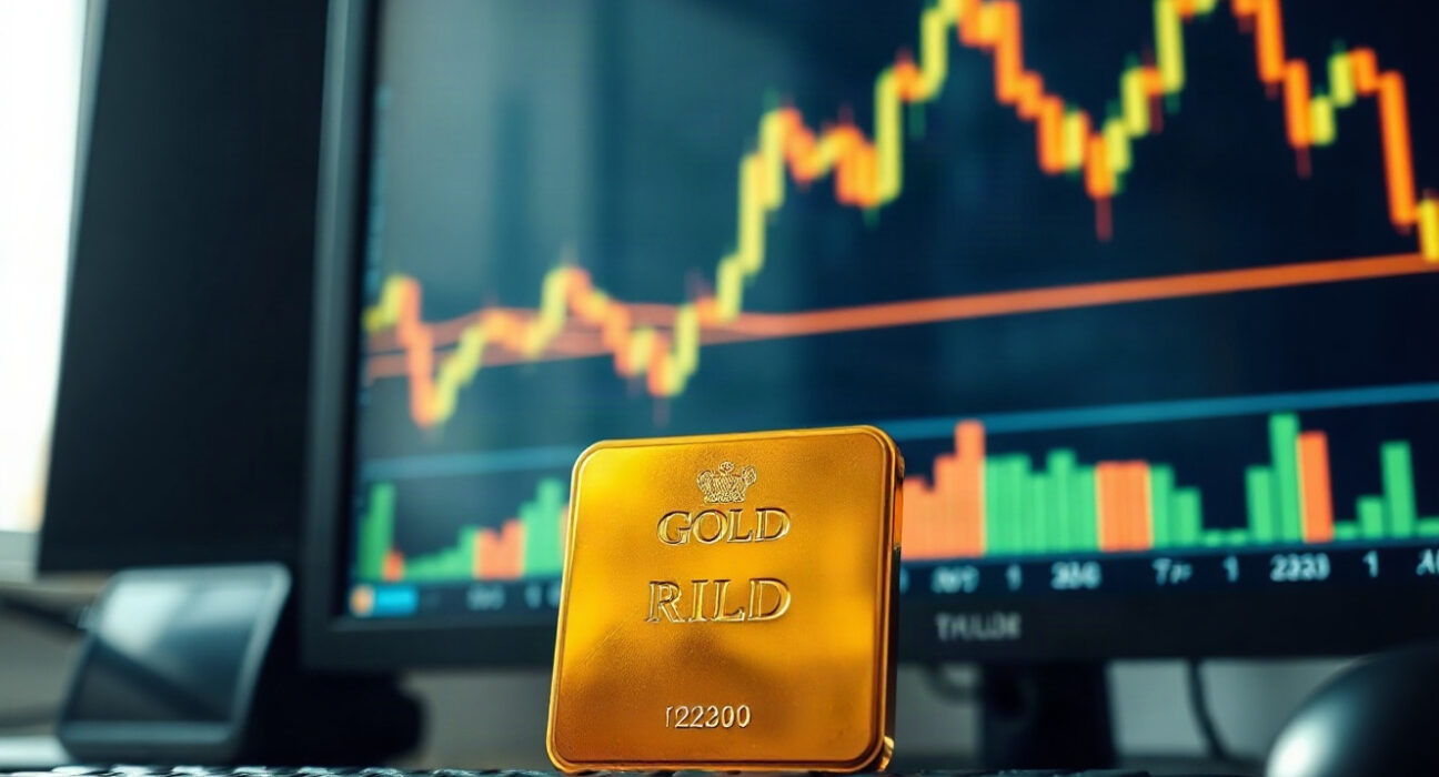 Gold price chart with RSI indicator on trading screen, indicating overbought conditions.