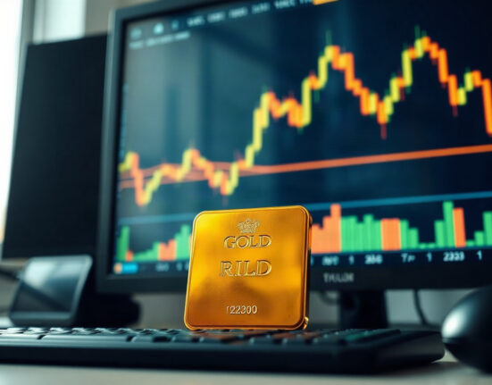 Gold price chart with RSI indicator on trading screen, indicating overbought conditions.