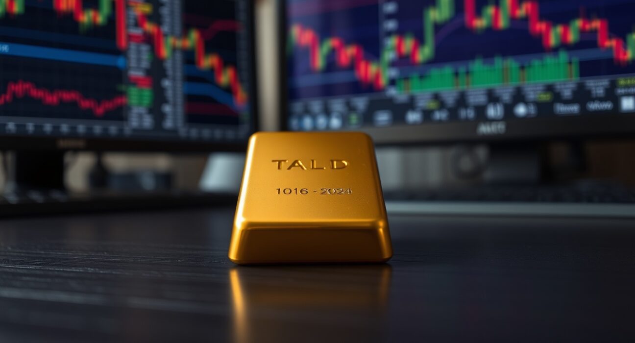 Gold bar with blurred financial charts in background