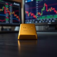 Gold bar with blurred financial charts in background