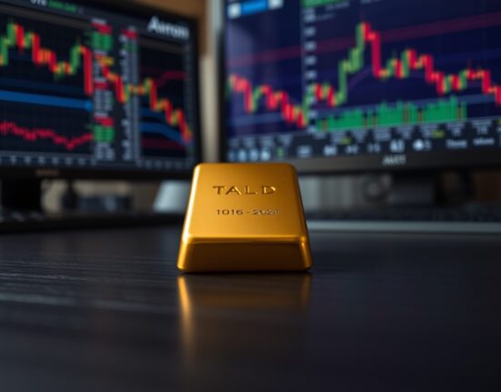 Gold bar with blurred financial charts in background