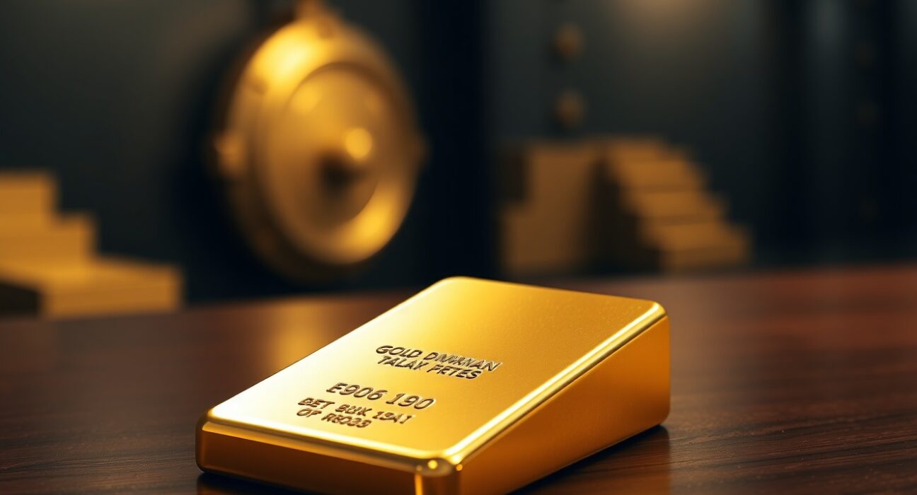 Gold bar on dark surface with soft spotlight, representing precious metals market and gold price analysis