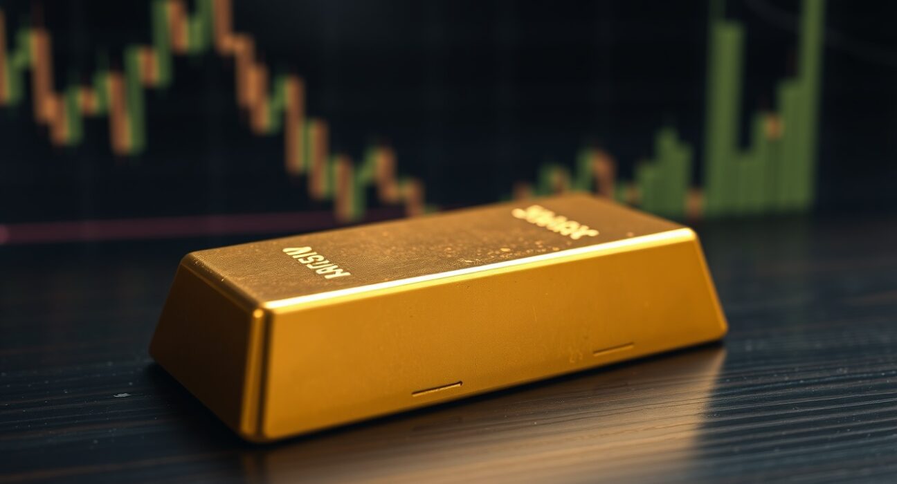 Gold bar on wooden surface with blurred financial charts in background, representing gold price analysis.