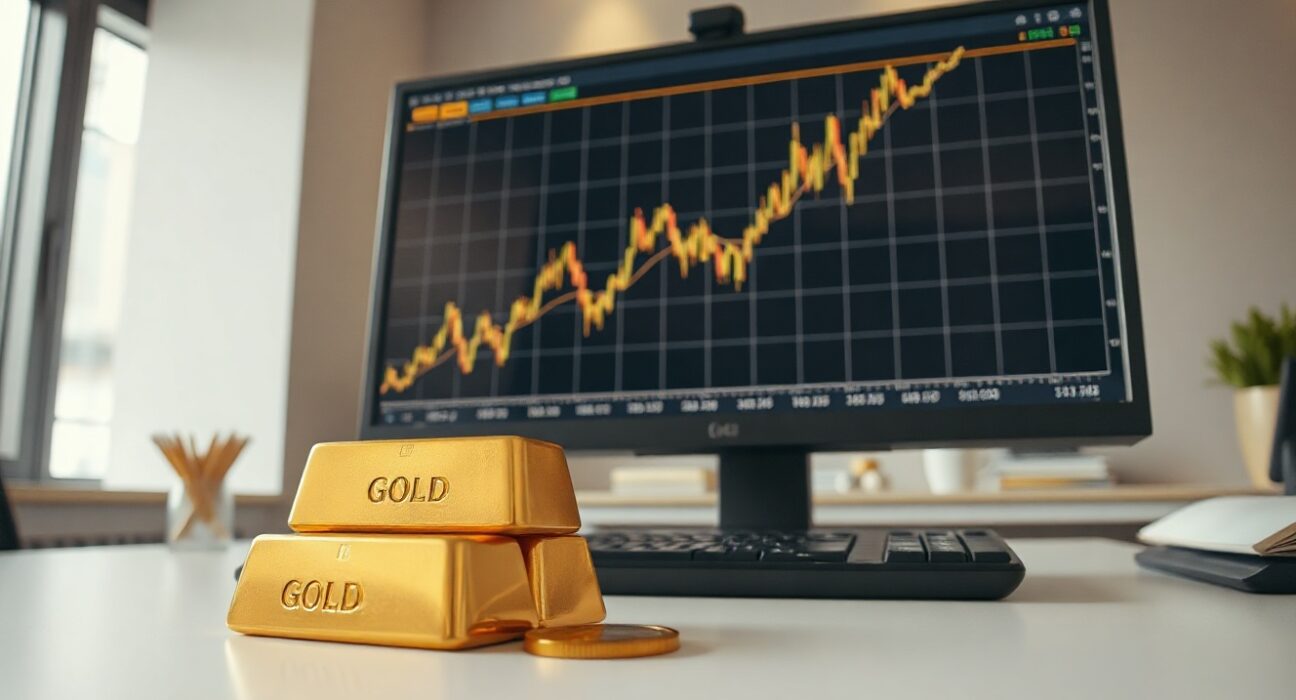 Gold price chart on a trading monitor with physical gold bars in the foreground, indicating a rally.