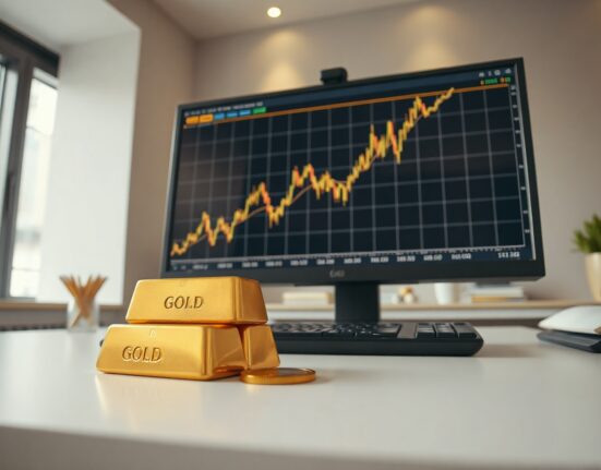 Gold price chart on a trading monitor with physical gold bars in the foreground, indicating a rally.