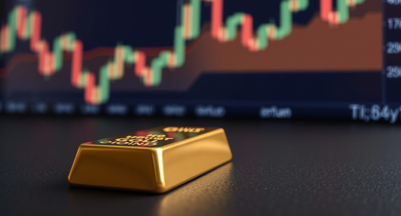 Gold bar with blurred financial chart showing upward trend in background