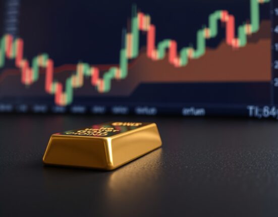 Gold bar with blurred financial chart showing upward trend in background