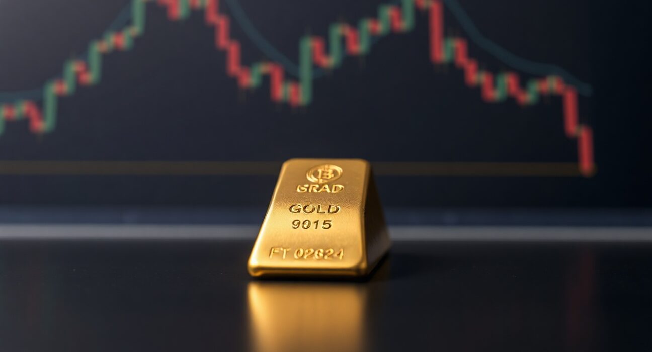 Gold bar with a chart overlay showing a downward trend and Fibonacci arc, representing the XAU/USD price forecast.