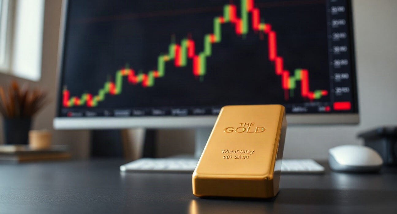 Gold bar with candlestick chart in background, representing gold price analysis