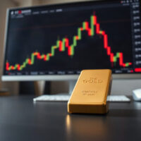 Gold bar with candlestick chart in background, representing gold price analysis