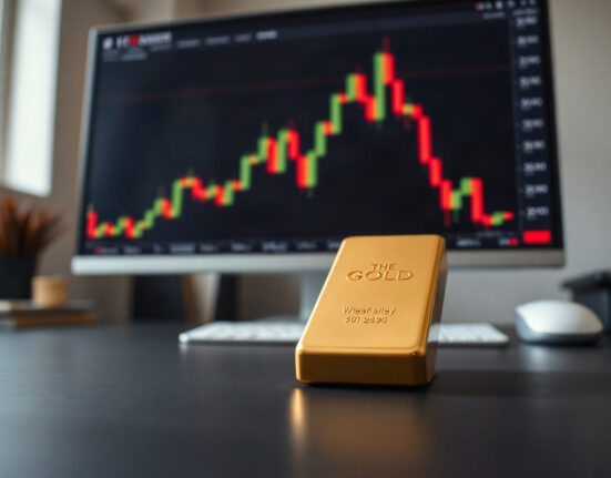 Gold bar with candlestick chart in background, representing gold price analysis