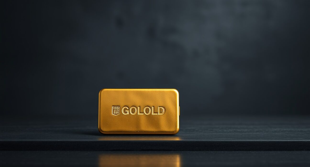 Gold bar on dark surface with soft lighting, representing precious metals investment and price analysis.