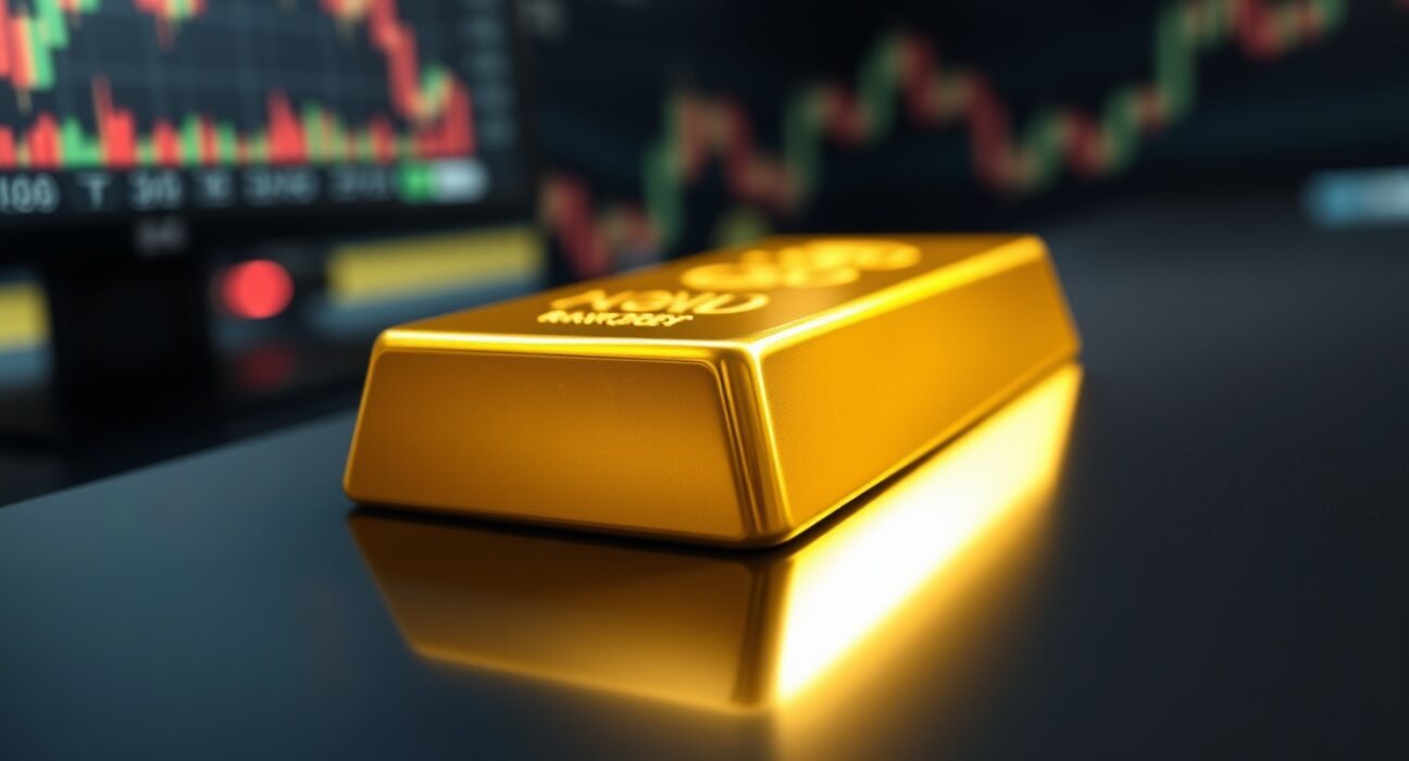 Gold bar on dark surface with blurred trading chart background, representing gold price analysis ahead of CPI data.