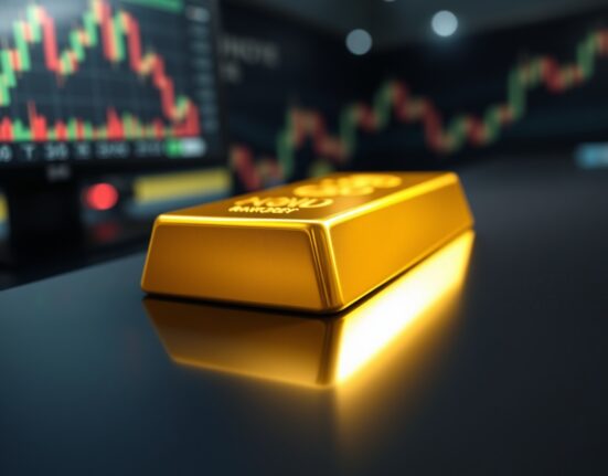 Gold bar on dark surface with blurred trading chart background, representing gold price analysis ahead of CPI data.