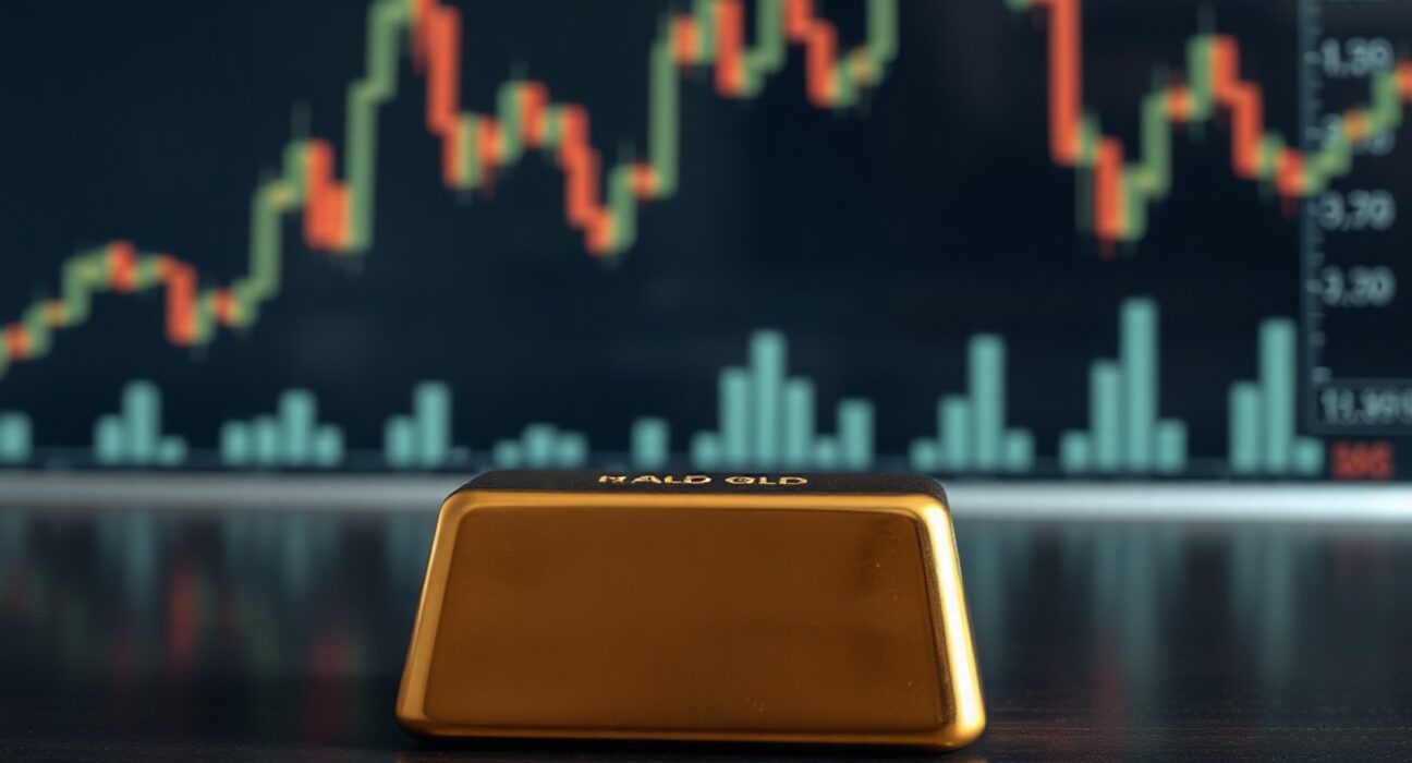 Gold bar on dark surface with financial charts in blurred background representing gold price analysis