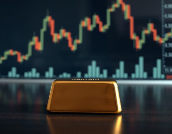 Gold bar on dark surface with financial charts in blurred background representing gold price analysis