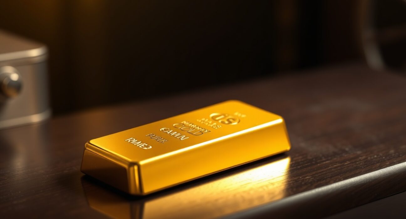 Gold bullion bar on dark wooden surface with spotlight highlighting its reflective surface.