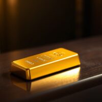Gold bullion bar on dark wooden surface with spotlight highlighting its reflective surface.