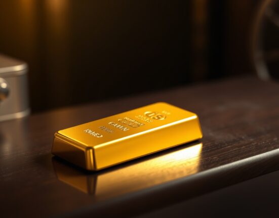 Gold bullion bar on dark wooden surface with spotlight highlighting its reflective surface.