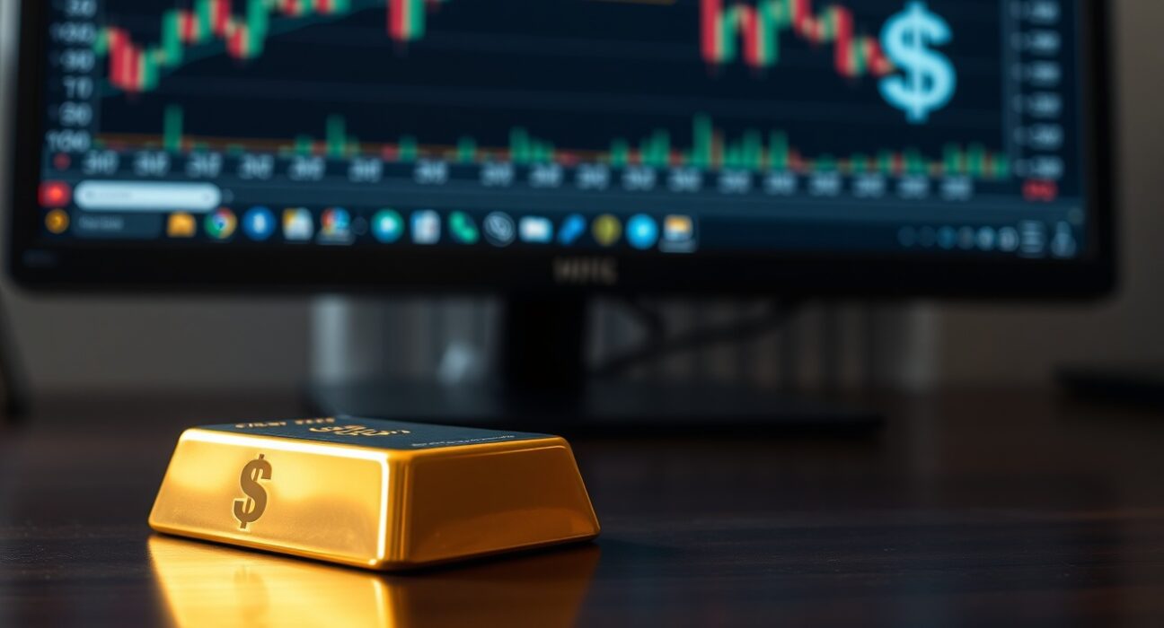 Gold bar on dark surface with financial charts and US dollar symbol in background