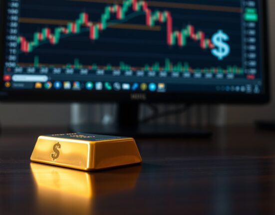 Gold bar on dark surface with financial charts and US dollar symbol in background