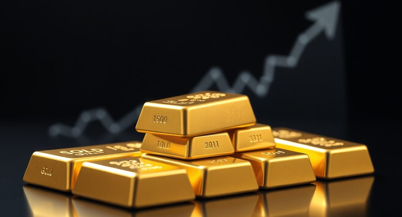 Gold bullion bars stacked on a reflective surface, representing the XAU/USD price rally toward $4,400.