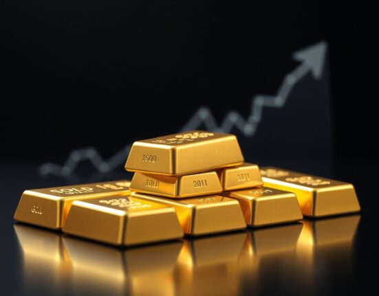Gold bullion bars stacked on a reflective surface, representing the XAU/USD price rally toward $4,400.