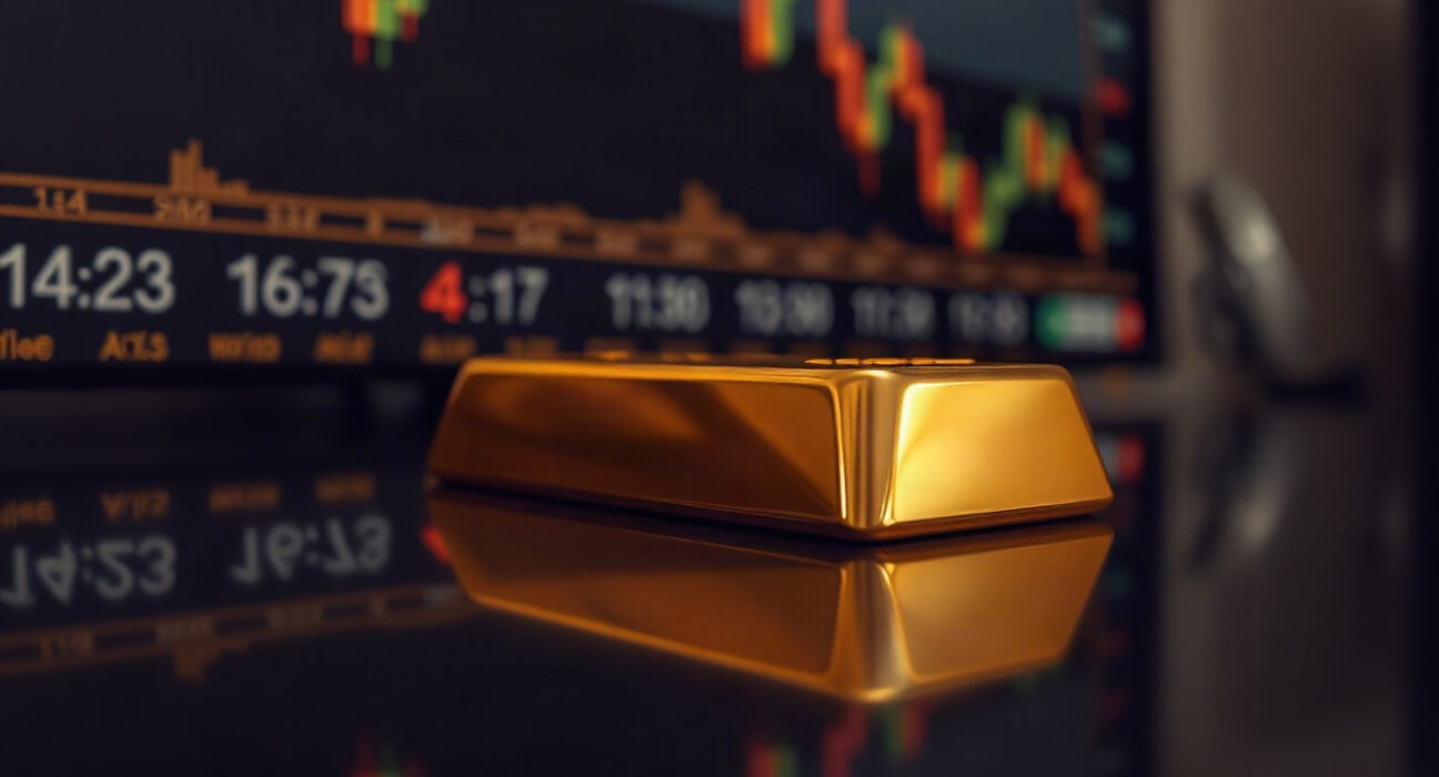 Gold bar with financial charts in background, representing gold price surge