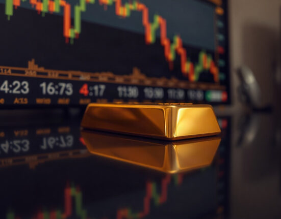 Gold bar with financial charts in background, representing gold price surge
