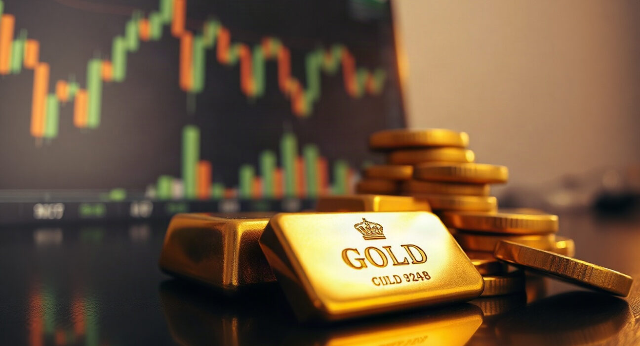 Gold bullion coins and bars with a blurred financial chart background