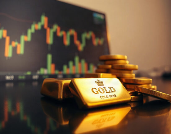 Gold bullion coins and bars with a blurred financial chart background