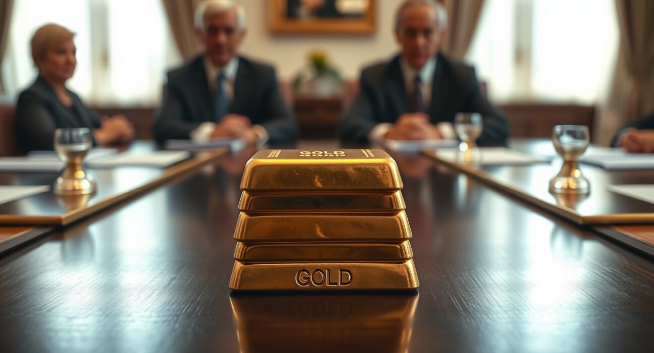 Gold bars on table with blurred background of leaders in meeting