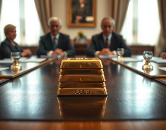 Gold bars on table with blurred background of leaders in meeting