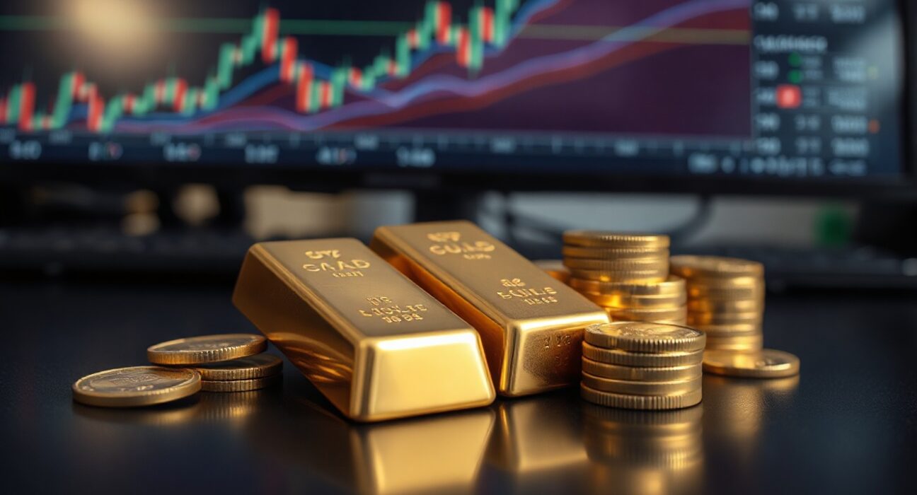 Gold bars and coins with a financial chart in the background