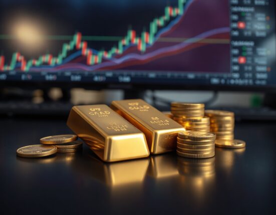 Gold bars and coins with a financial chart in the background