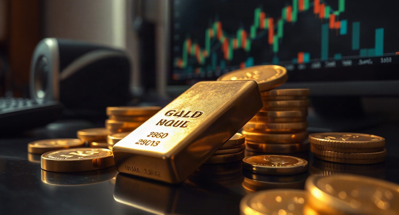 Gold bars and coins near financial charts, representing XAU/USD price movement and market analysis