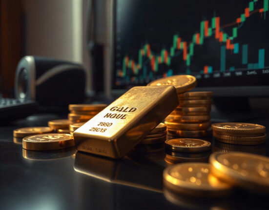 Gold bars and coins near financial charts, representing XAU/USD price movement and market analysis