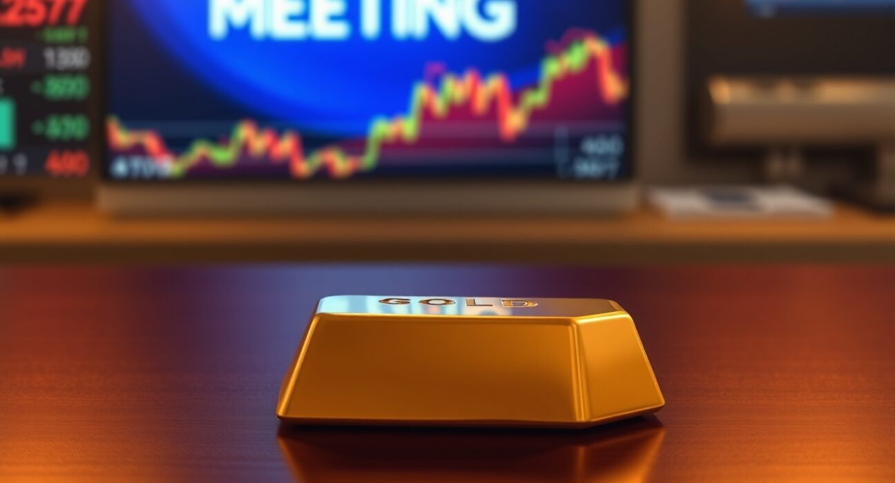 Gold bar on table with blurred financial news screen showing Fed meeting in background