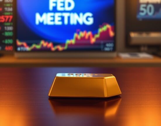 Gold bar on table with blurred financial news screen showing Fed meeting in background