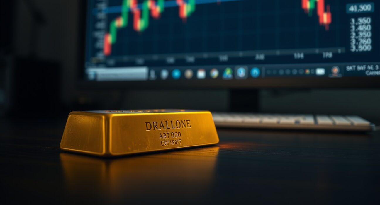 Gold bar on table with stock chart in background, representing gold price forecast and market analysis.