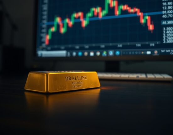 Gold bar on table with stock chart in background, representing gold price forecast and market analysis.