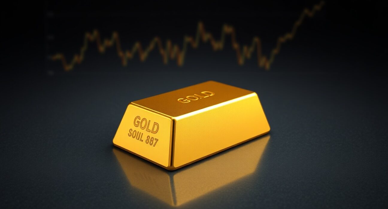 Gold price forecast analysis with gold bullion and financial chart background.