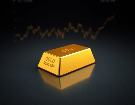 Gold price forecast analysis with gold bullion and financial chart background.
