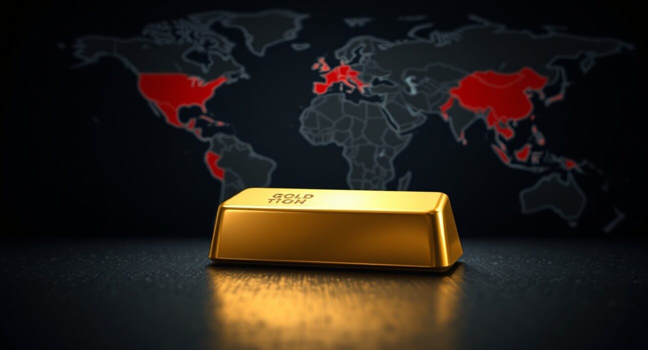 Gold bullion bar representing safe-haven demand amid geopolitical tensions and dollar strength affecting price.