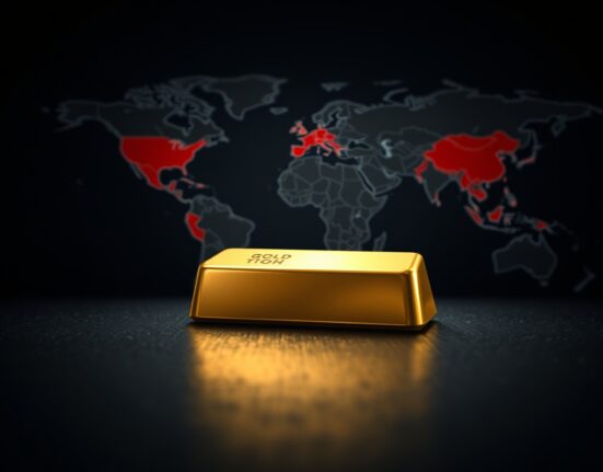 Gold bullion bar representing safe-haven demand amid geopolitical tensions and dollar strength affecting price.