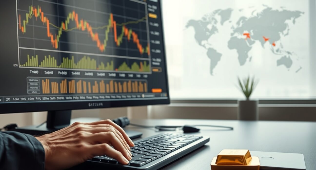 Gold price analysis on trading desk with bullion bar reflecting market uncertainty and Federal Reserve policy impact
