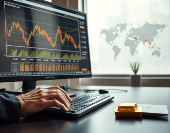 Gold price analysis on trading desk with bullion bar reflecting market uncertainty and Federal Reserve policy impact