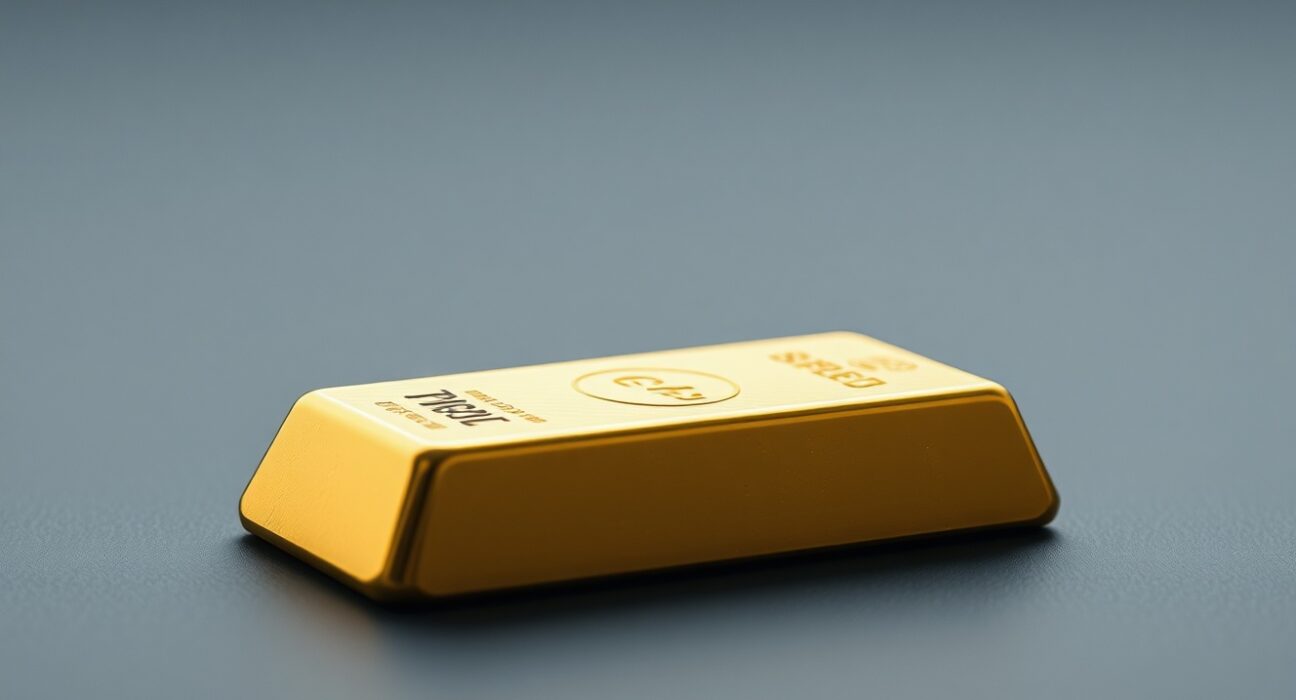 Gold bullion bar representing market hesitation amid US dollar rebound and Hormuz Strait geopolitical risks.