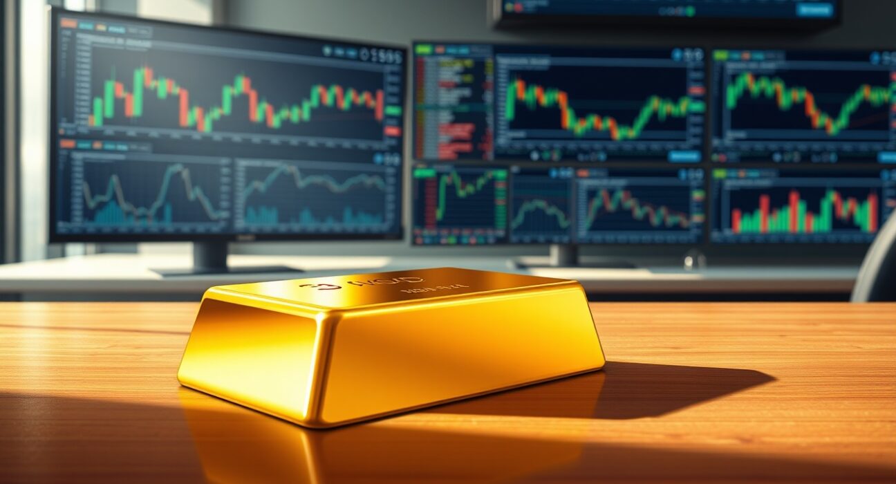 Gold bullion bar in financial trading environment representing market uncertainty amid dollar strength